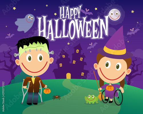Boy with crutches and wheelchair girl dressed as frankenstein and witch on halloween night.