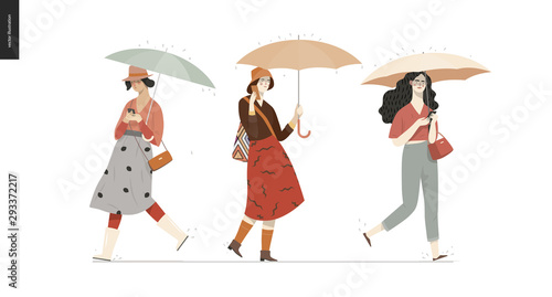 Rain - walking people set - modern flat vector concept illustration of people with umbrella, walking or standing in the rain in the street
