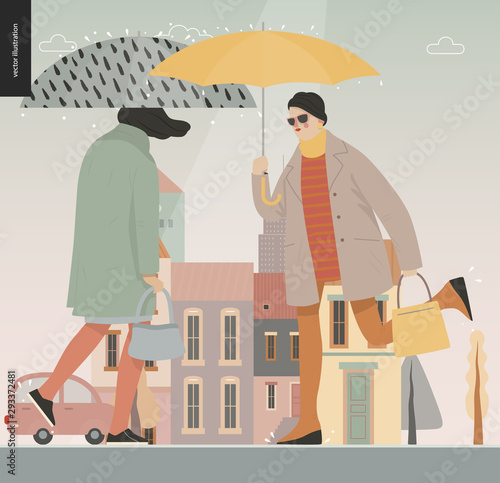 Rain -walking people -modern flat vector concept illustration of people with umbrella, walking or standing in the rain in the street, city houses and cars.