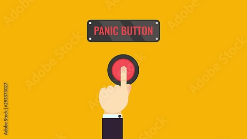 Businessman pressing panic button with a trembling hand on yellow background. Seamless looped cartoon animation. Social media start up business concept. Touch, push or press symbol.