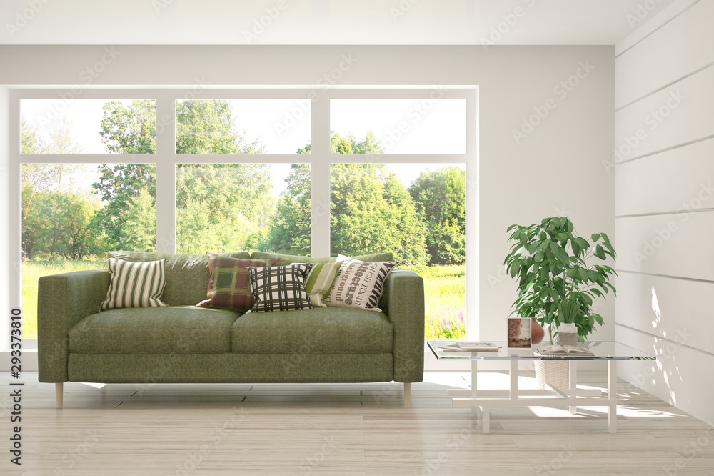 Stylish room in white color with sofa and summer landscape in window. Scandinavian interior design. 3D illustration Stylish room in white color with sofa and summer landscape in window. Scandinavian interior design. 3D illustration