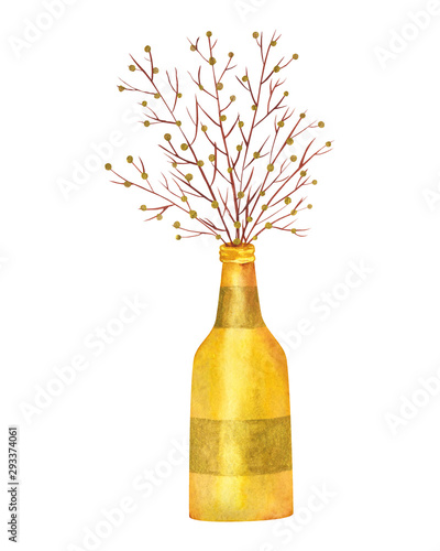 Golden vase bottle with dried decorative branches with golden balls.