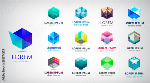 Vector set of abstract 3d logos, geometric, hexagon shape collection