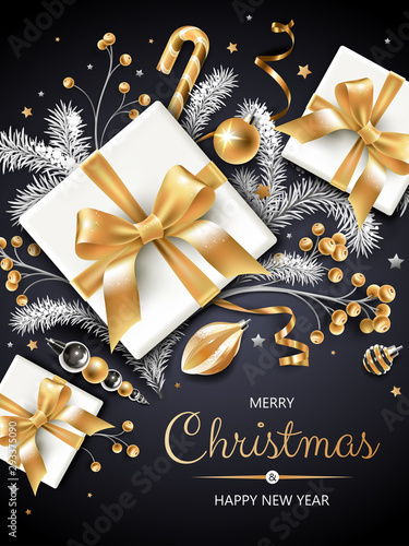 Vertical banner with Christmas symbols and text. Christmas tree, gift, berries, decoration, ribbons and other festive elements on black background.