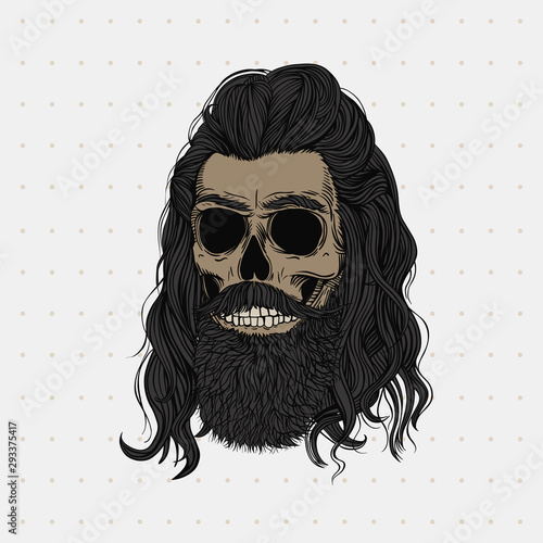 Bearded skull with long black hair. Stylish men's hairstyle and beard. Picture for halloween, barbershop and clothes.