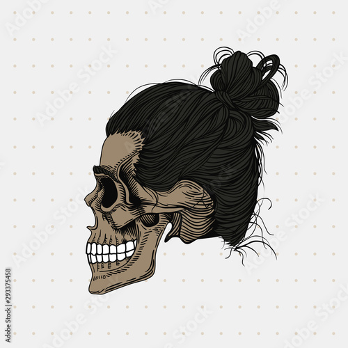 Skull with black hair wrapped in a bun. Stylish men's hairstyle, profile view. Picture for halloween, barbershop and clothes.