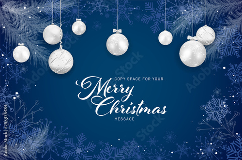 Christmas card with christmas balls on blue background