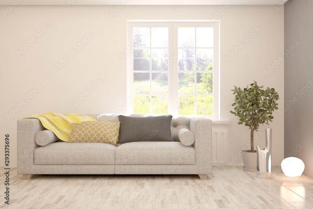 Stylish room in white color with sofa and summer landscape in window. Scandinavian interior design. 3D illustration Stylish room in white color with sofa and summer landscape in window. Scandinavian interior design. 3D illustration