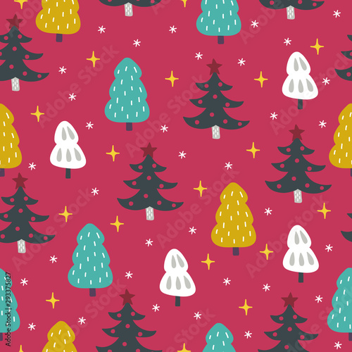 Christmas seamless pattern with fir trees, stars and snowflakes