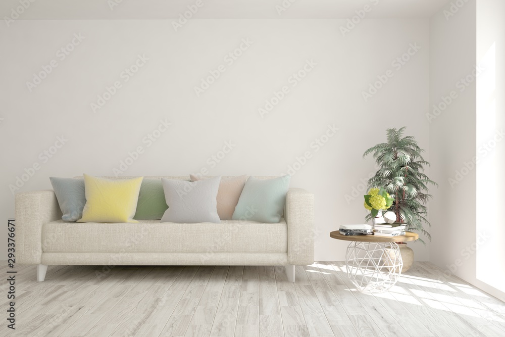 Stylish room in white color with sofa. Scandinavian interior design. 3D illustration Stylish room in white color with sofa. Scandinavian interior design. 3D illustration