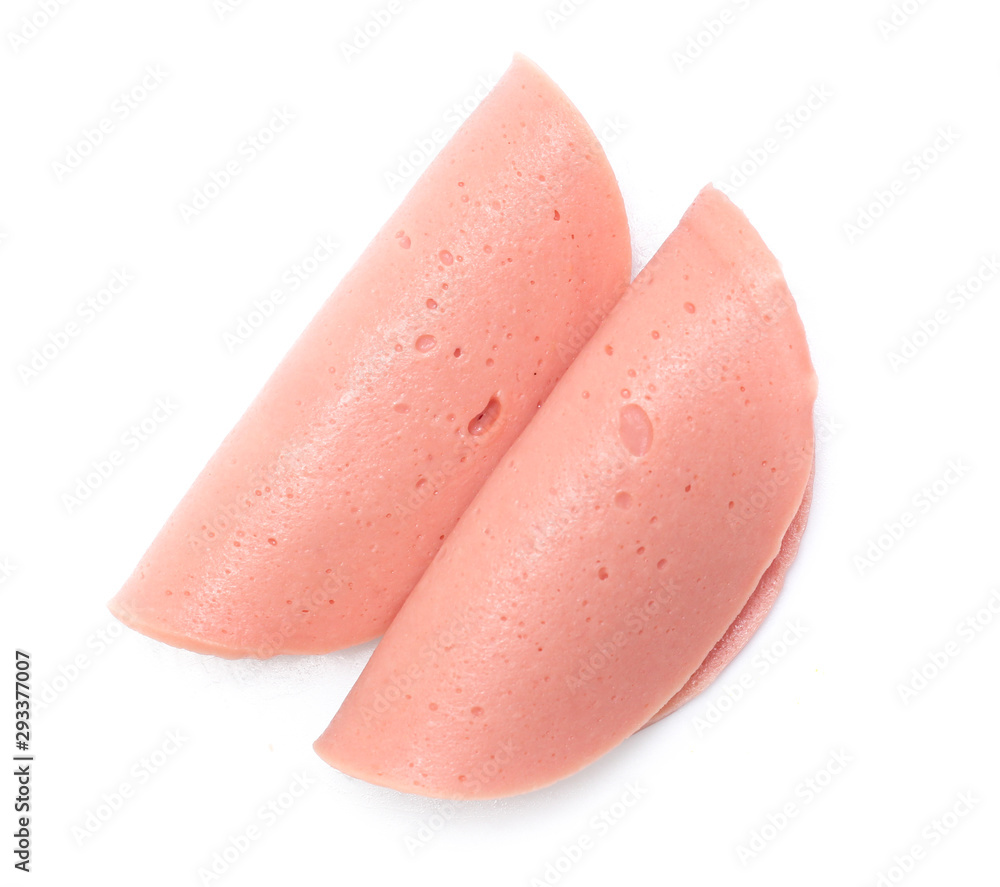 Boiled sausage slices isolated on white Boiled sausage slices isolated on white