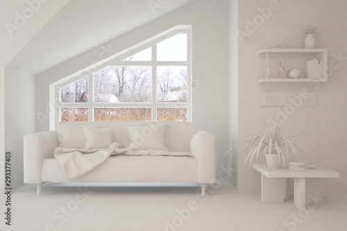 Mock up of stylish room in white color with sofa and winter landscape in window. Scandinavian interior design. 3D illustration