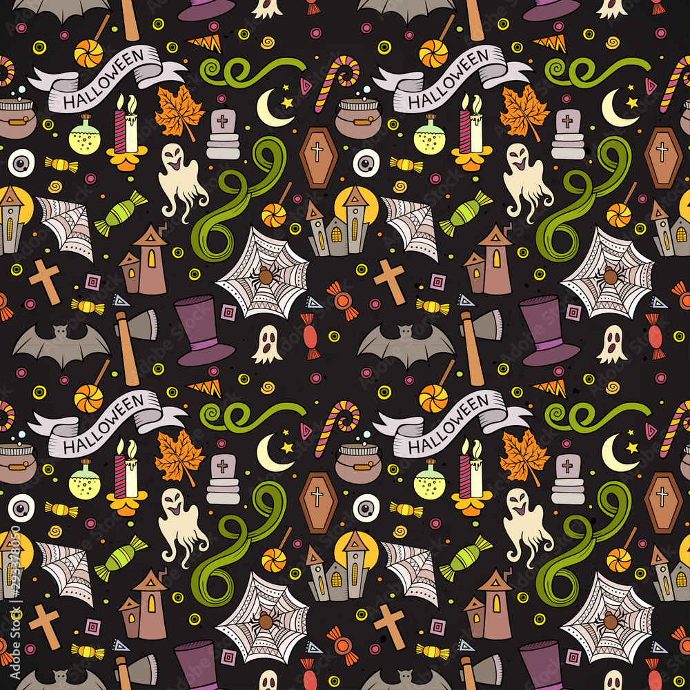 Naklejka premium Halloween seamless pattern . Hand drawn background. Pattern with pumpkin, bat, spider, potion. Sketch vector illustration.