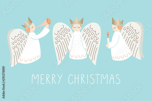 Whimsical Christmas Scandinavian Style Angels on Aqua Background Vector Merry Christmas Card