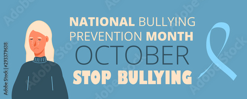 National Bullying Prevention month in October in USA. Victim scene in society. Stressed person in shame and hands with pointing finger. Concept of accusation in life, depression in work, in school.
