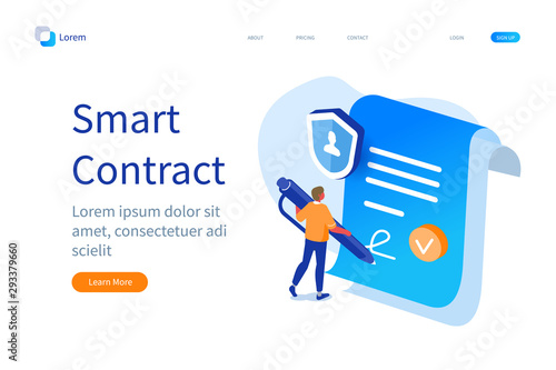 Smart Contract Banner Template. Man Character Signing Digital Signature at Online Business Contract. Data Protection and Privacy Policy Concept. Flat Isometric Vector Illustration.