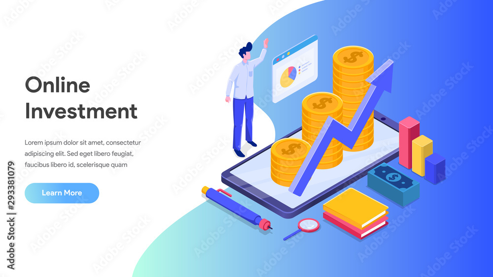 Online Investment with Mobile phone Concept. Financial technology and Business investment Isometric Illustration. Template for anding page, template, ui, web, homepage, poster, banner, flyer