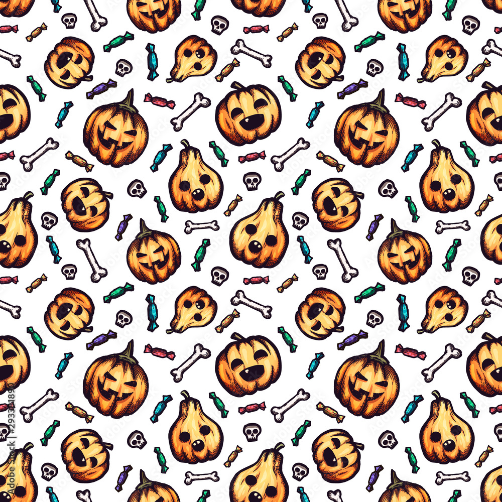 Halloween hand-drawn vector seamless pattern with cartoon doodles. Halloween hand-drawn vector seamless pattern with cartoon doodles.