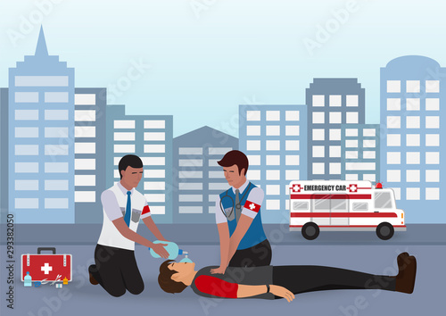 Info Graphic of Cardiopulmonary Resuscitation (CPR) Between Doctor and Assistant for Emergency First Aid Rescue Process on Human , One Part of the Important Process Resuscitation