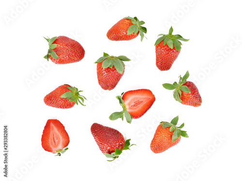 bird eyes view whole and half cut fresh ripe strawberry with leaf on white background