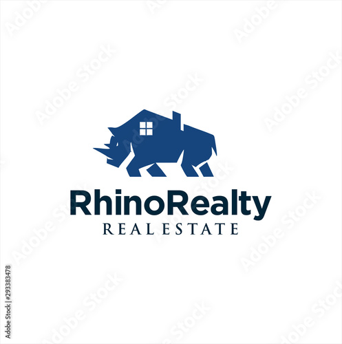 Rhino Real Estate Logo Design Vector Stock . Strong Rhino Home Logo Design . Power Building House Rhino Logo