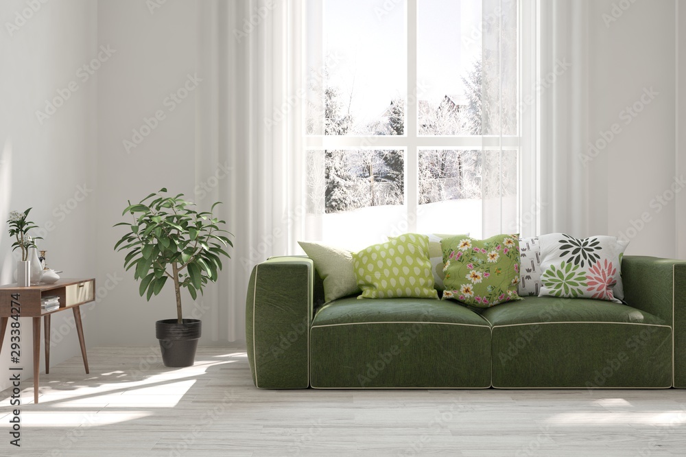 Stylish room in white color with sofa and winter landscape in window. Scandinavian interior design. 3D illustration Stylish room in white color with sofa and winter landscape in window. Scandinavian interior design. 3D illustration