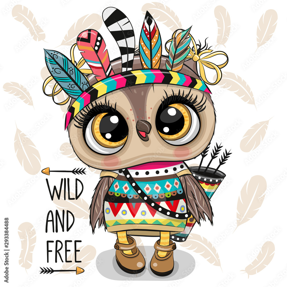 Fototapeta Cartoon tribal Owl with feathers on a white background