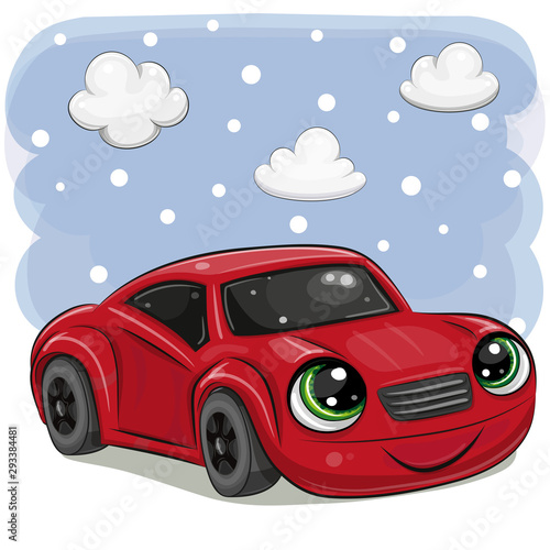 Red car with eyes on on a sky background photo