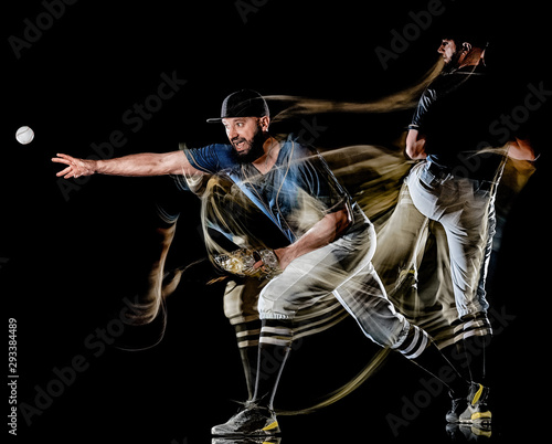 Photography one caucasian baseball player man studio shot isolated on black background with