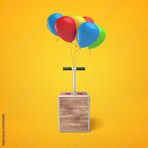 3d rendering of colorful balloons with tnt detonator box on yellow background