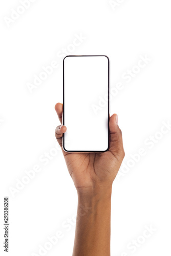 Black female hand holding smartphone with blank screen