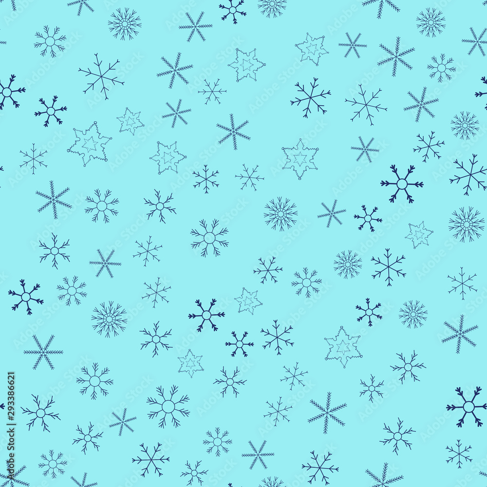 Snowflakes in different shapes and forms. Merry Christmas and New Year seamless vector pattern. Colorful background for Xmas.