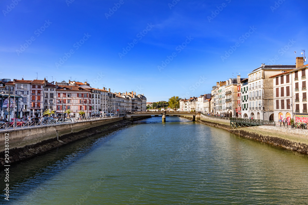 Bayonne, France - View of restaurants and the Nive of the city of Bayonne.