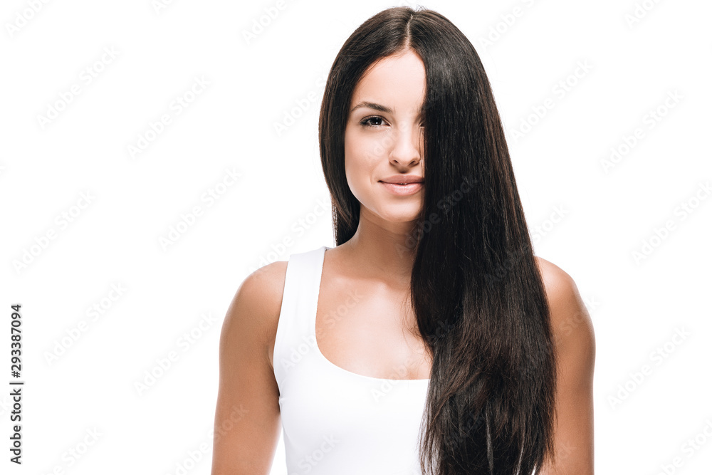 brunette beautiful woman with long straight healthy and shiny hair isolated on white brunette beautiful woman with long straight healthy and shiny hair isolated on white
