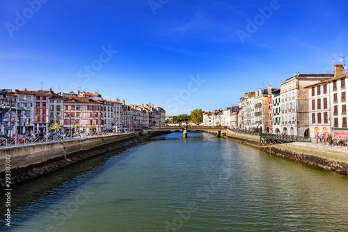 Bayonne, France - View of restaurants and the Nive of the city of Bayonne.