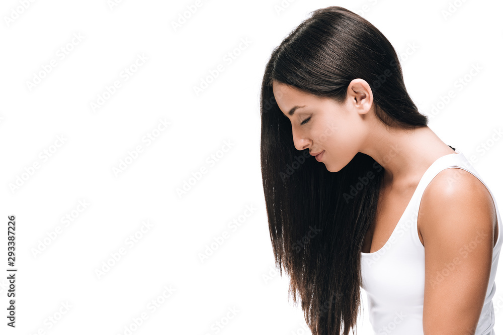 side view of brunette beautiful woman with closed eyes long straight healthy and shiny hair isolated on white side view of brunette beautiful woman with closed eyes long straight healthy and shiny hair isolated on white