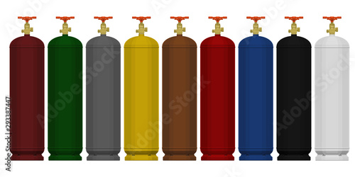 Set of isolated industrial gas cylinder on transparent background