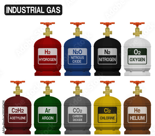 Set of isolated industrial gas cylinder on transparent background.Color of the cylinder refer to industrial standard gas cylinder coding.