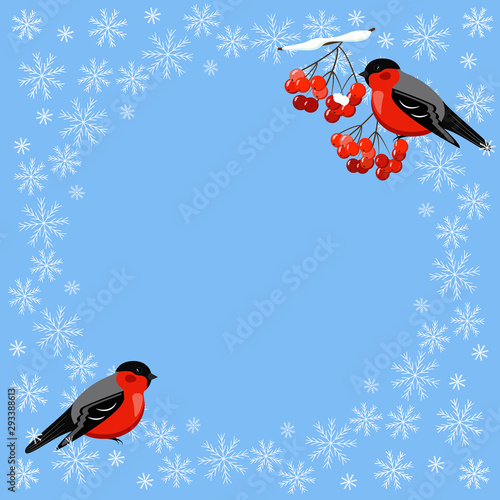 Frame - bullfinch and red berry in the snow on a blue background. Vector graphics