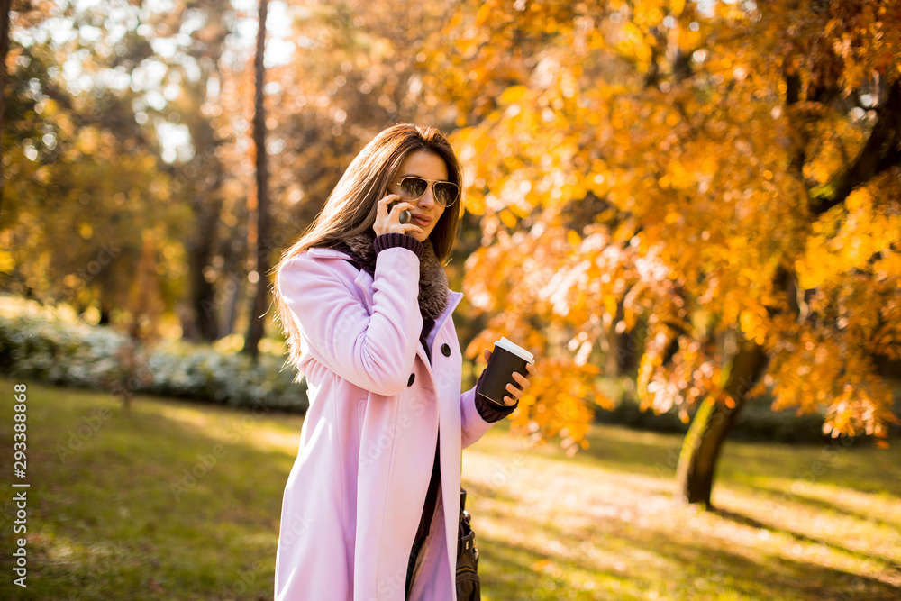 Beautiful woman using phone and drink coffee in autumn park Beautiful woman using phone and drink coffee in autumn park