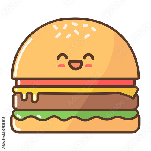 Vector, cartoon, kawaii food, hamburger, burger. Cutlet, salad, bread, bun, tomato, ketchup. Character, mascot with pretty face. Image for poster, postcard, cafe menu design, print on children clothes