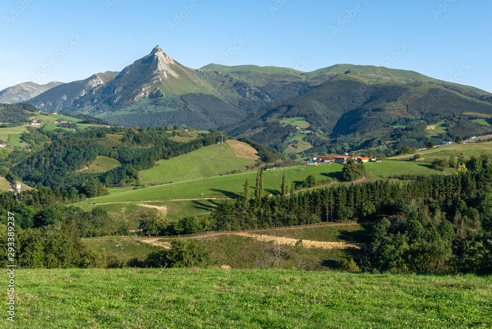 Obraz premium Panorama of Goierri with Txindoki mountain as background, Basque Country, Spain