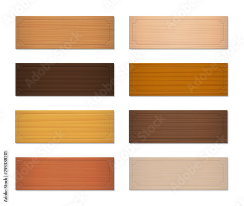 Wooden nameplates, blank nametags, oblong badges. Set with different colors and textures from various trees, different models. Isolated vector illustration on white background.