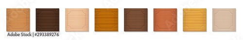 Wooden badges, square format nameplates, blank nametags. Collection with different colors and textures from various trees - brown, dark, gray, light, red, yellow, orange - vector on white background. photo