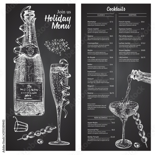 Cocktail bar menu design template set in retro style Isolated on on black chalckboard background. Hand drawn glass and bottle champagne. Vintage wine card. Alcohol beverage symbol.