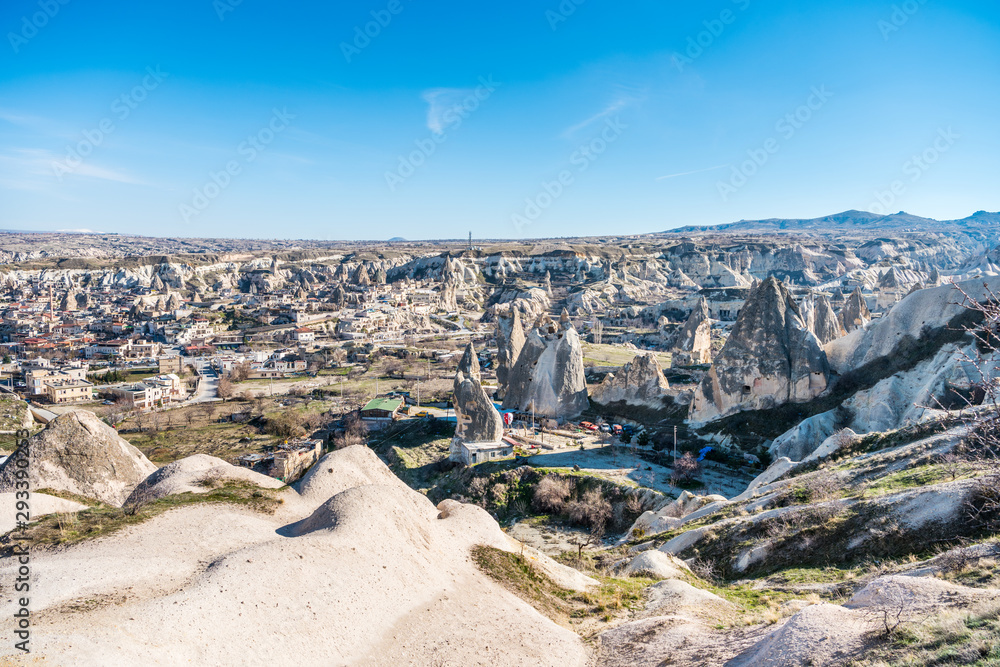 Aerial view of downtown of Goreme, which is  built in rock formation in national park Goreme,Cappadocia ,Turkey.