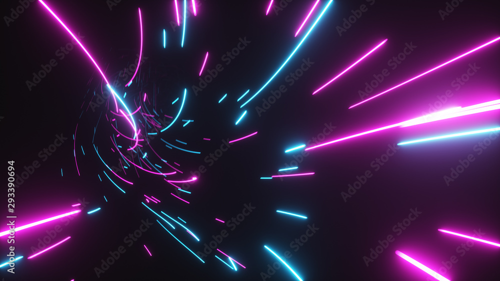 Obraz premium Futuristic digital technological abstract flight in a bright tunnel with luminous internet lines for network, big data, data center, server, internet, speed. 3d illustration