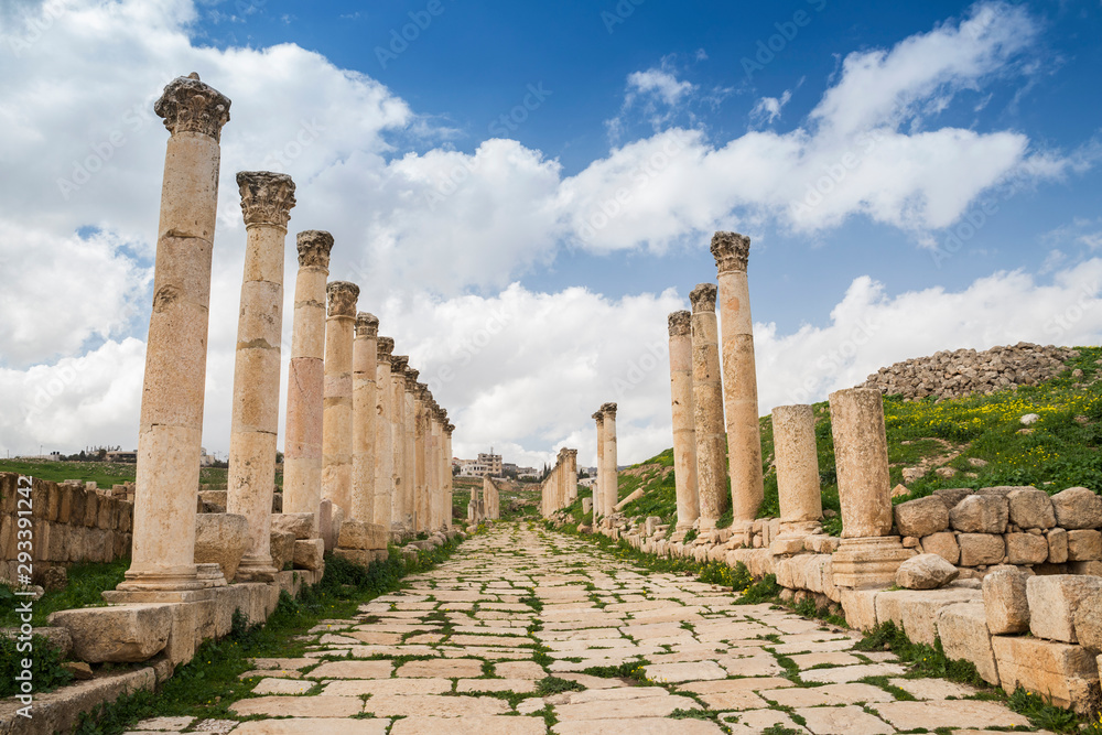 Colonnade street in the ancient roman city of Jerash, Gerasa Governorate, Jordan