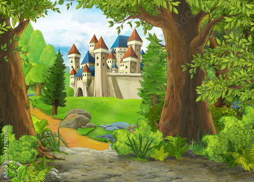 Konstfotografi Cartoon nature scene with beautiful castle - illustration for the children