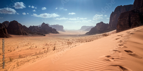 Panoramic view of the valley of sand at Wadi Rum desert, southern Jordan